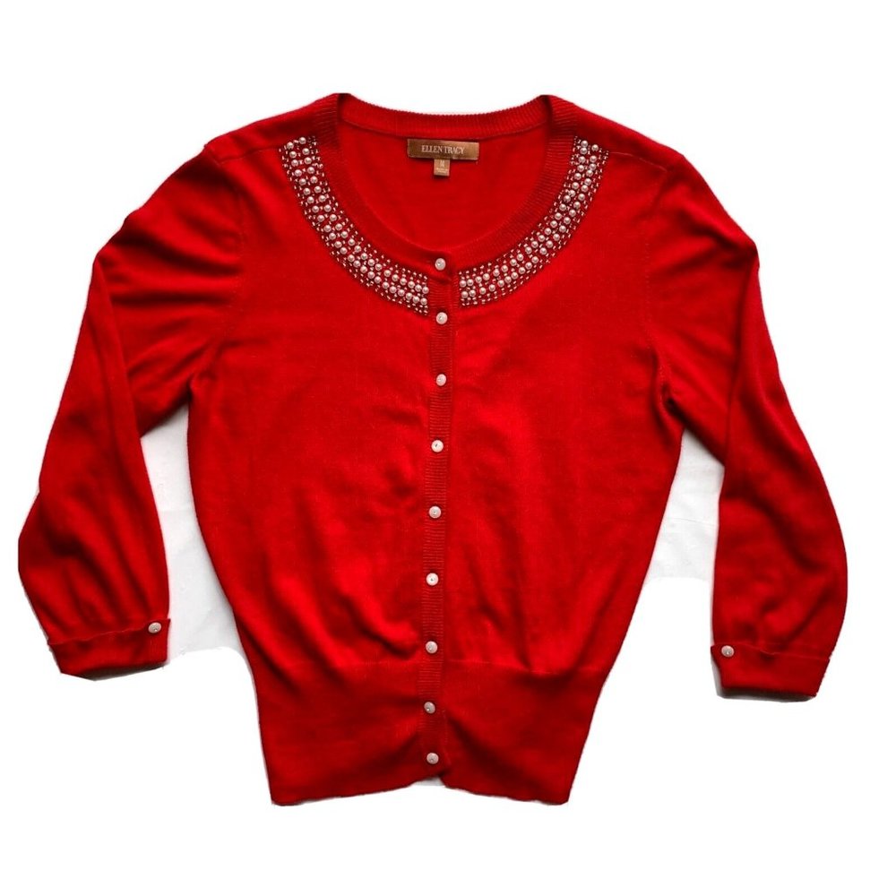 Ellen Tracy Cardigan Sweater Womens Medium Red Beaded Embellished Scoop Neck NEW